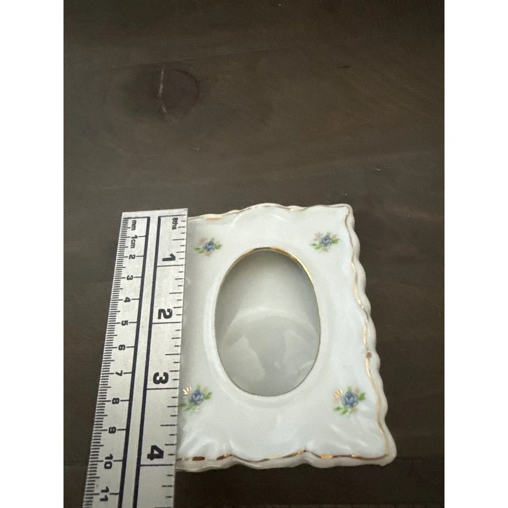 Vintage Miniature Porcelain Scalloped Picture Frame Blue Roses Gold Trim Taiwan